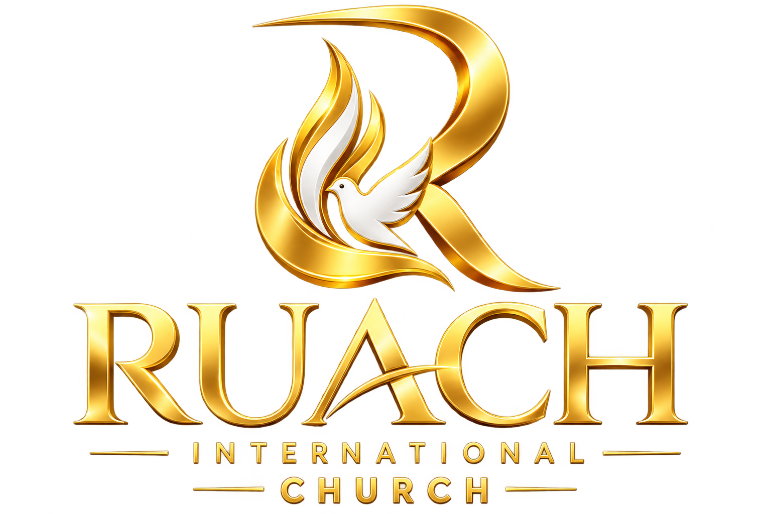 RUACH International Church logo: a gold letter R with a white dove and flowing flame